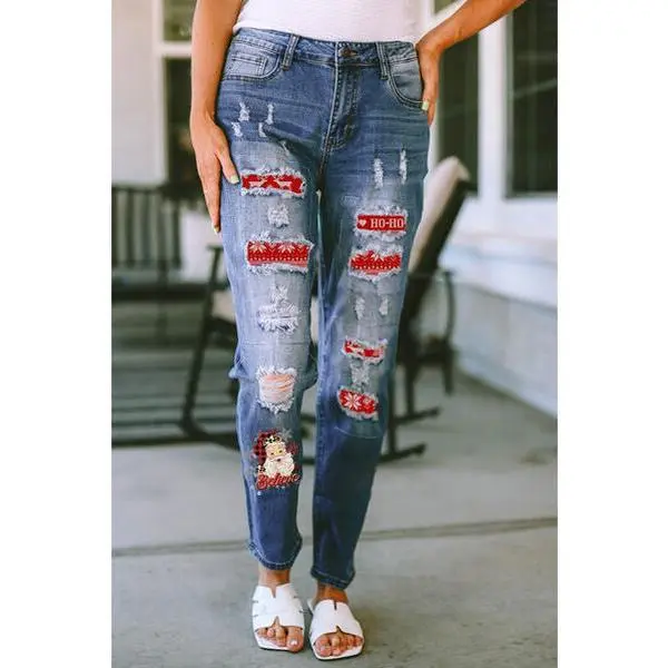 Santa Graphic Distressed Straight Jeans