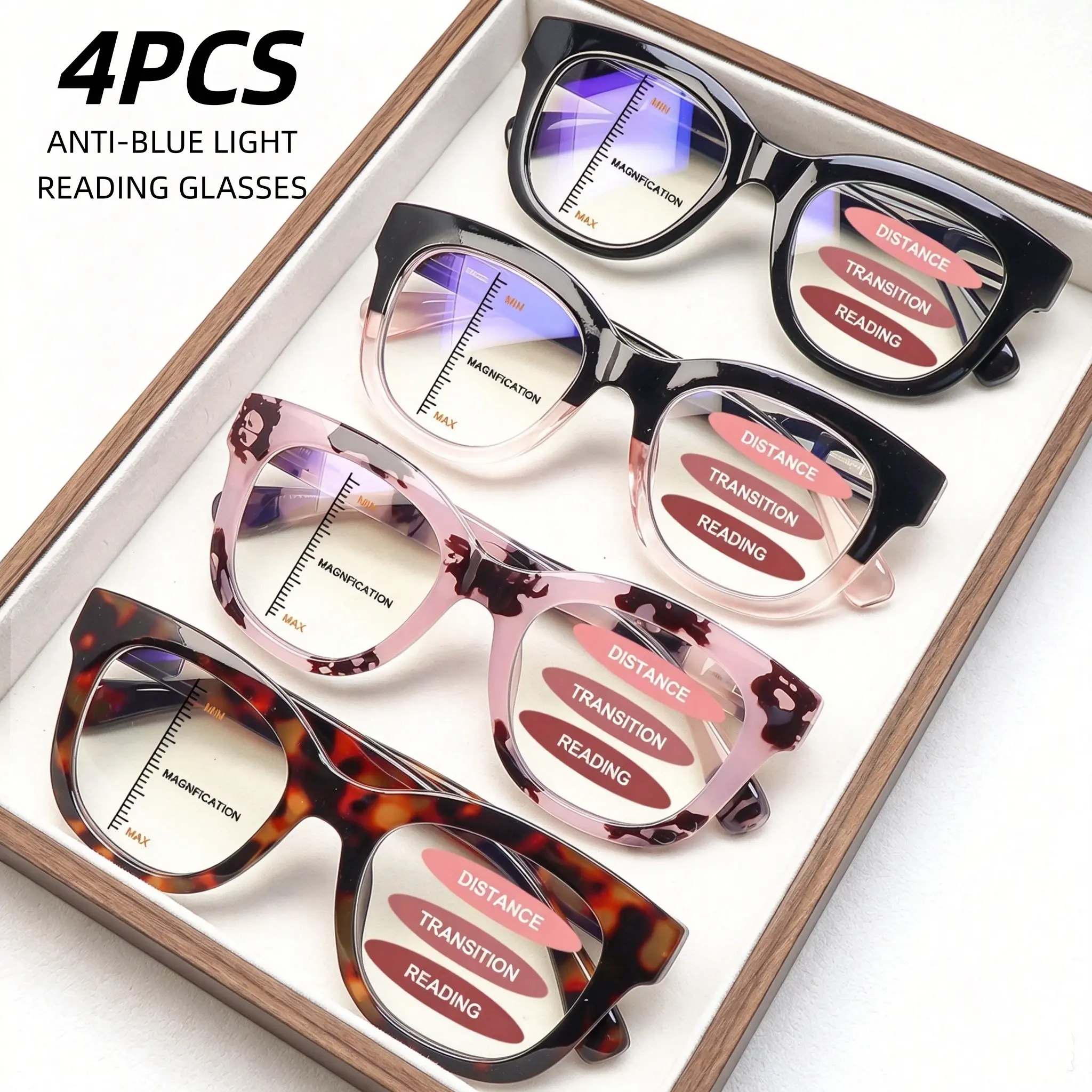 4 Pack Womens Reading Glasses Progressive Multifocal Blue Light Blocking Large Frame Fashion Pattern Spring Hinges Daily Eyeglasses Black Mix Color