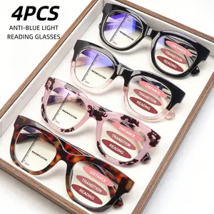 4 Pack Womens Reading Glasses Progressive Multifocal Blue Light Blocking Large Frame Fashion Pattern Spring Hinges Daily Eyeglasses Black Mix Color
