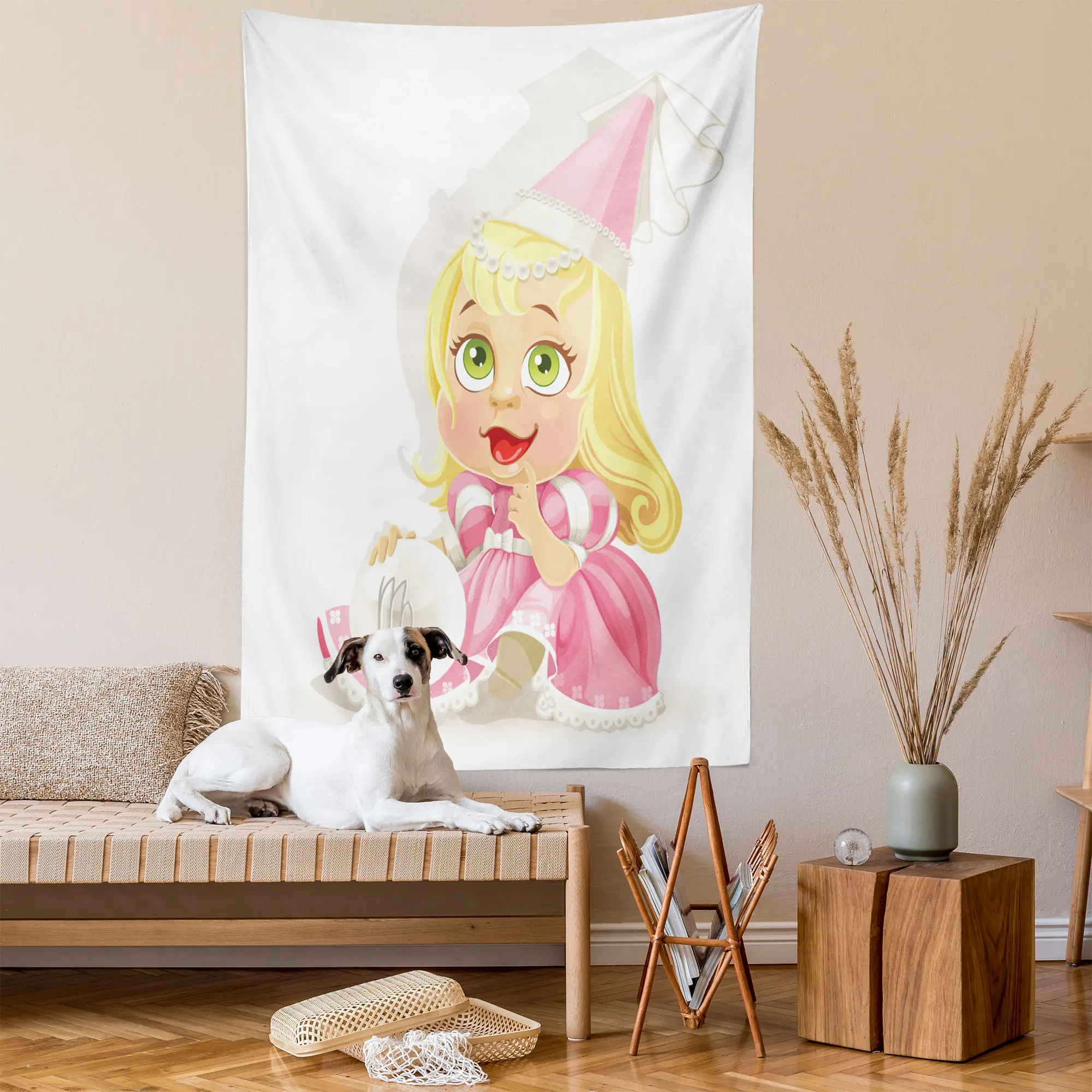 Zodiac Virgo Tapestry, Cartoon with Pink Clothes Yellow Hair and Green Eyes Girls, Wall Hanging for Bedroom Living Room Dorm Decor, 60" X 80", Multicolor