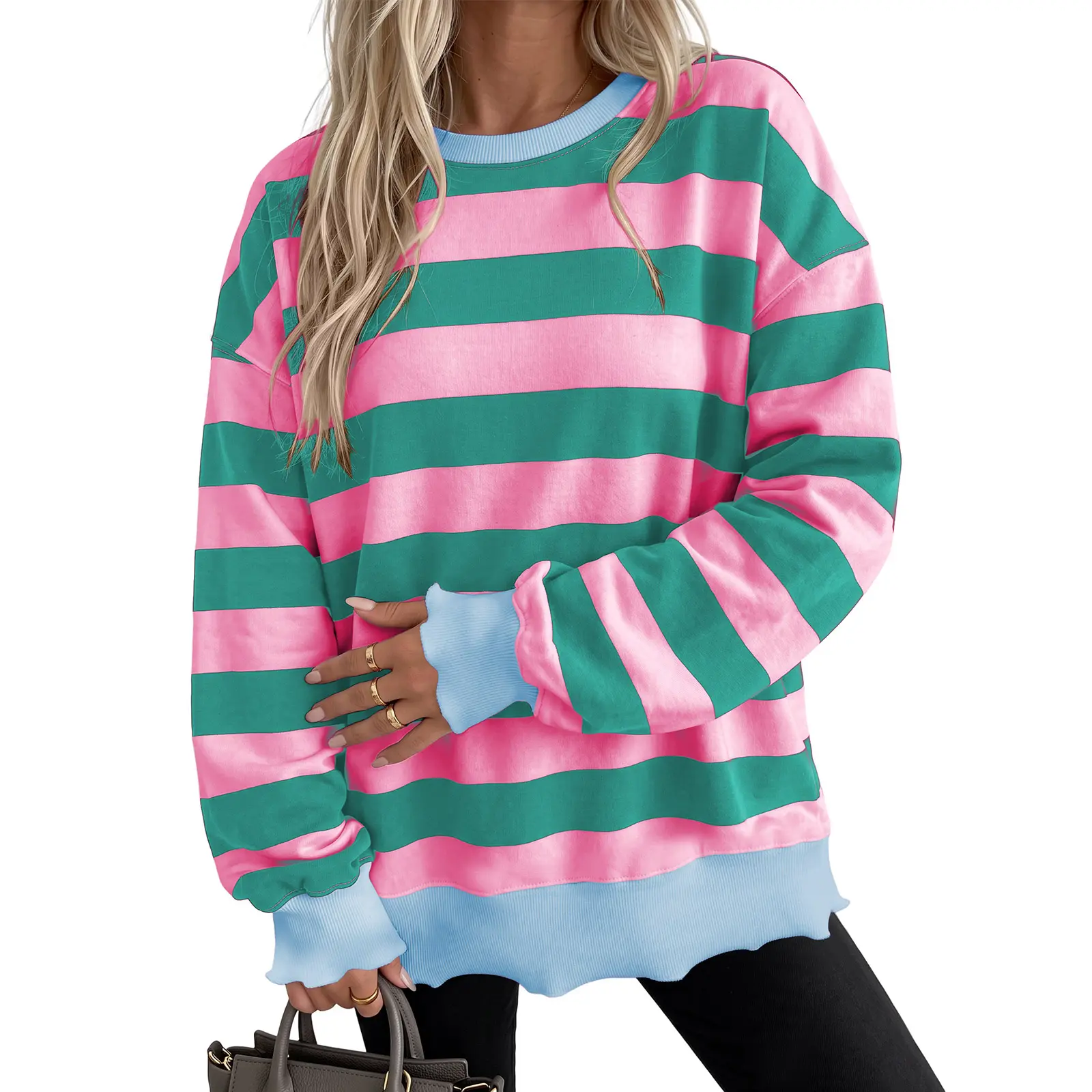 Aleumdr Women's Color Block Stripe Pattern Sweatshirt, Casual Long Sleeve Round Neck Pullover with Relaxed Fit and Lettuce Hem, Machine Wash, Crew Neck
