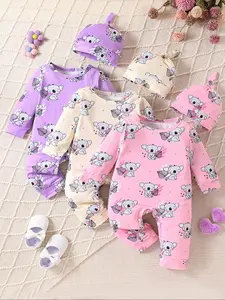 Baby Girl Cartoon Koala Print Long Sleeve Romper Set + Hat, Baby Clothes Girl, Casual Fitted All-Season, Thin Fabric, Six-Piece Set