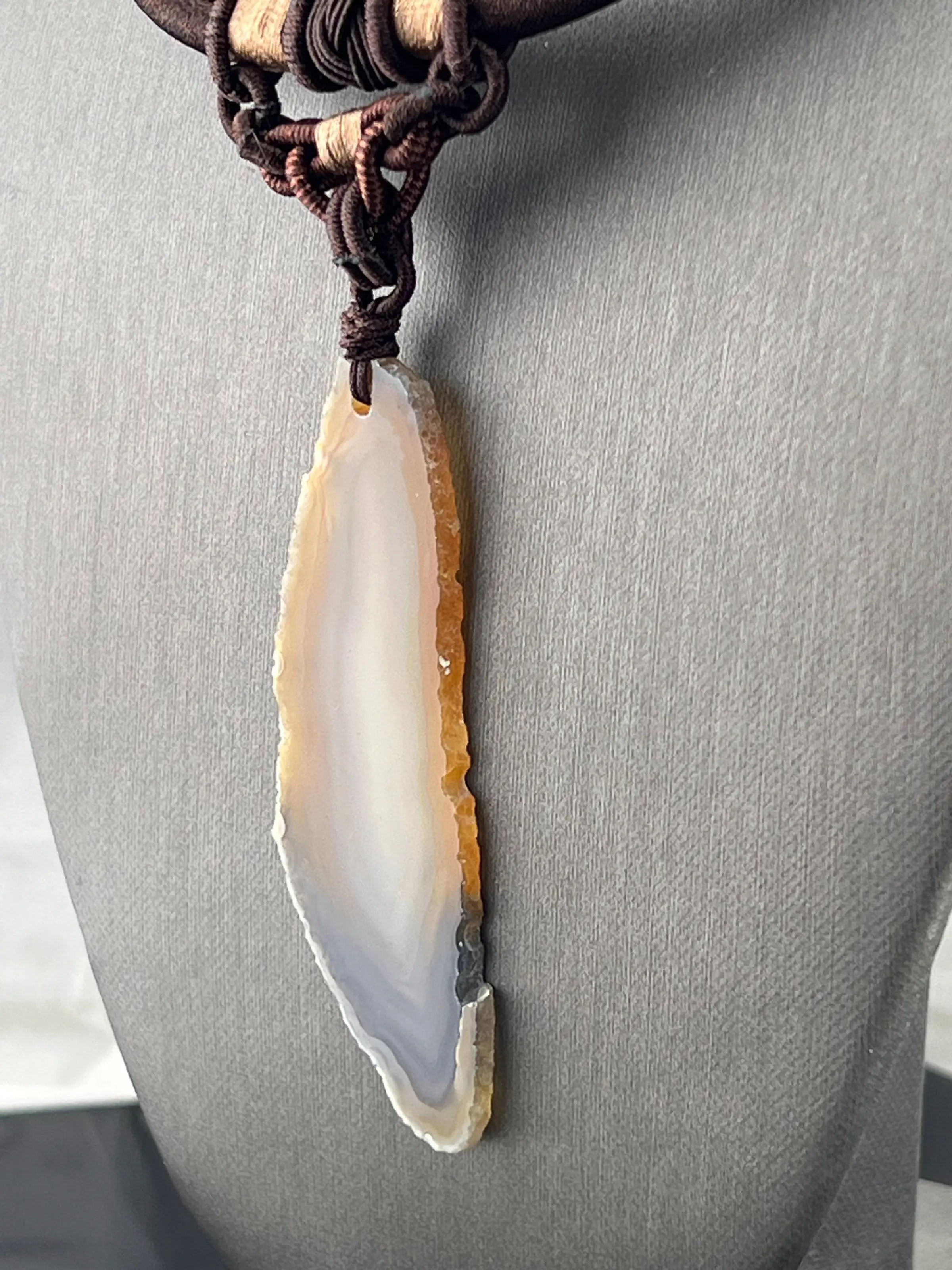 Blue Agate Slice Necklace • Silk Cord Geode Pendant • Raw Crystal Statement Jewelry • Natural Stone Gift • Boho Handmade Necklace