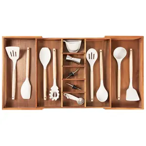 Premium Silverware, Flatware and Utensil Organizer for Kitchen Drawers, Food-Safe Contract Grade, Expandable from 18 to 33 In, Natural Acacia Bamboo Boxes