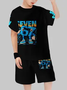 Cute Digital Cartoon Set Seven 67 Theme Casual Sporty Style Sportswear Two-Piece Suit, Short Sleeve T-Shirt & Shorts, Fitted, Sports Outfits