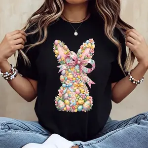 Casual Womens Round Neck Short Sleeve T Shirt Featuring Easter Bunny with Bow and Colorful Swirls Print Perfect for Spring Festival and Holiday Celebrations