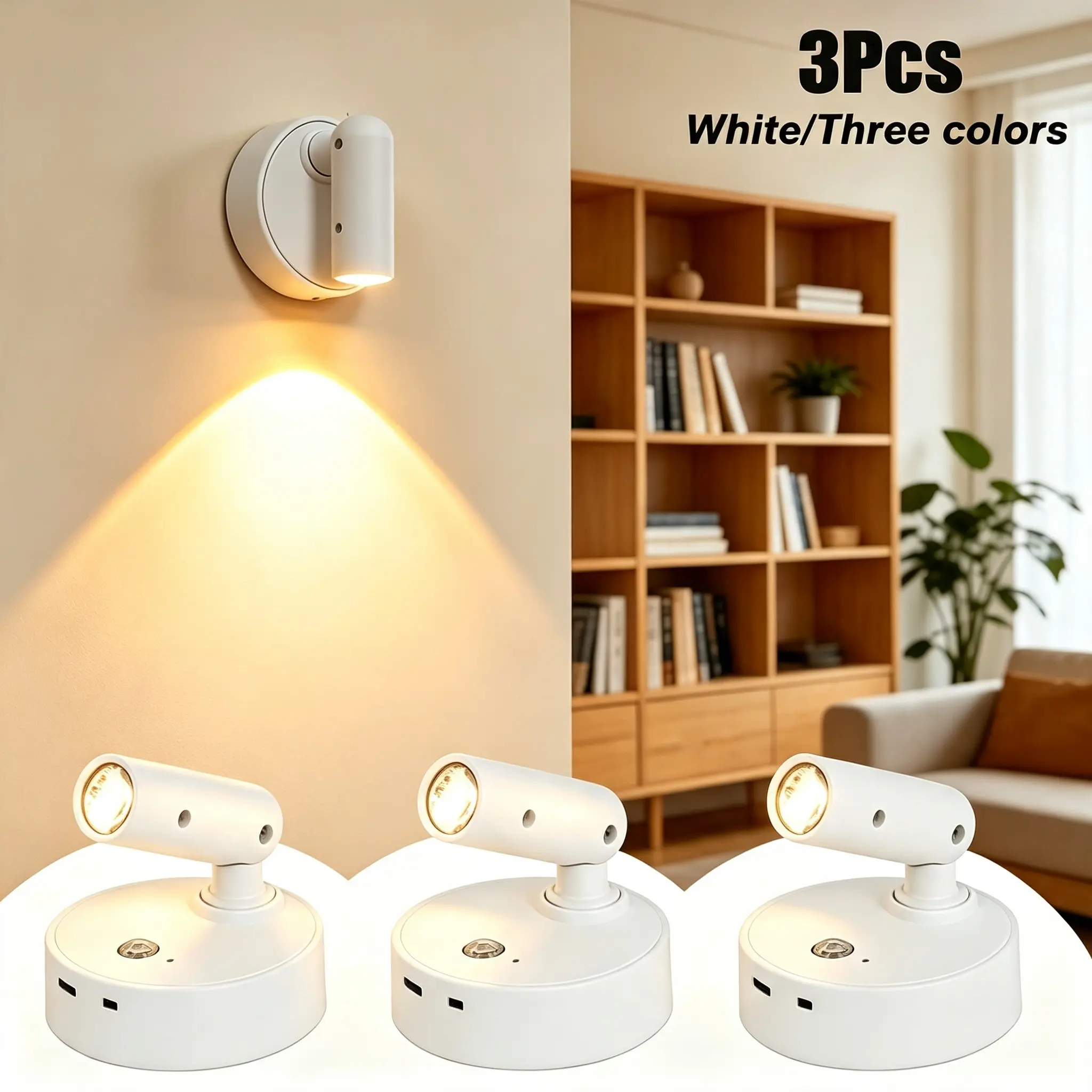 Wireless Indoor Spotlights with Motion Sensor, Touch Control Dimmable Wall Reading Light, 3 Color Temperatures 350° Rotatable Picture Accent Lighting for Plants Art stick-on design lamp lampara