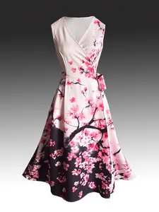 Elegant Floral Print Long Dress, Sleepwear-Style Wrap Dress, Ink Wash Effect, Sleeveless Summer Dress for Women, Chic Casual Vacation Wear, Womenswear, Elegance, Casual Classy Dress