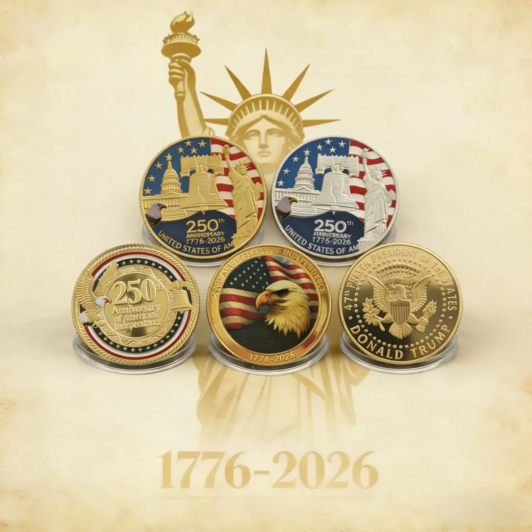 5PCS 40mm Plated Metal America 250 Commemorative Medal Set - 250th Anniversary Collectibles for Celebrating 250th Anniversary, Patriotic Home & Festive Party Supplies Gift