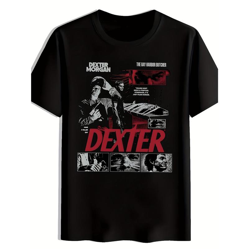 100% Cotton Men'S TV Show Graphic T-Shirt - Design with Blood Splatter & Dexter Face - Casual Round Neck Short Sleeve Tee - Dexter Fans