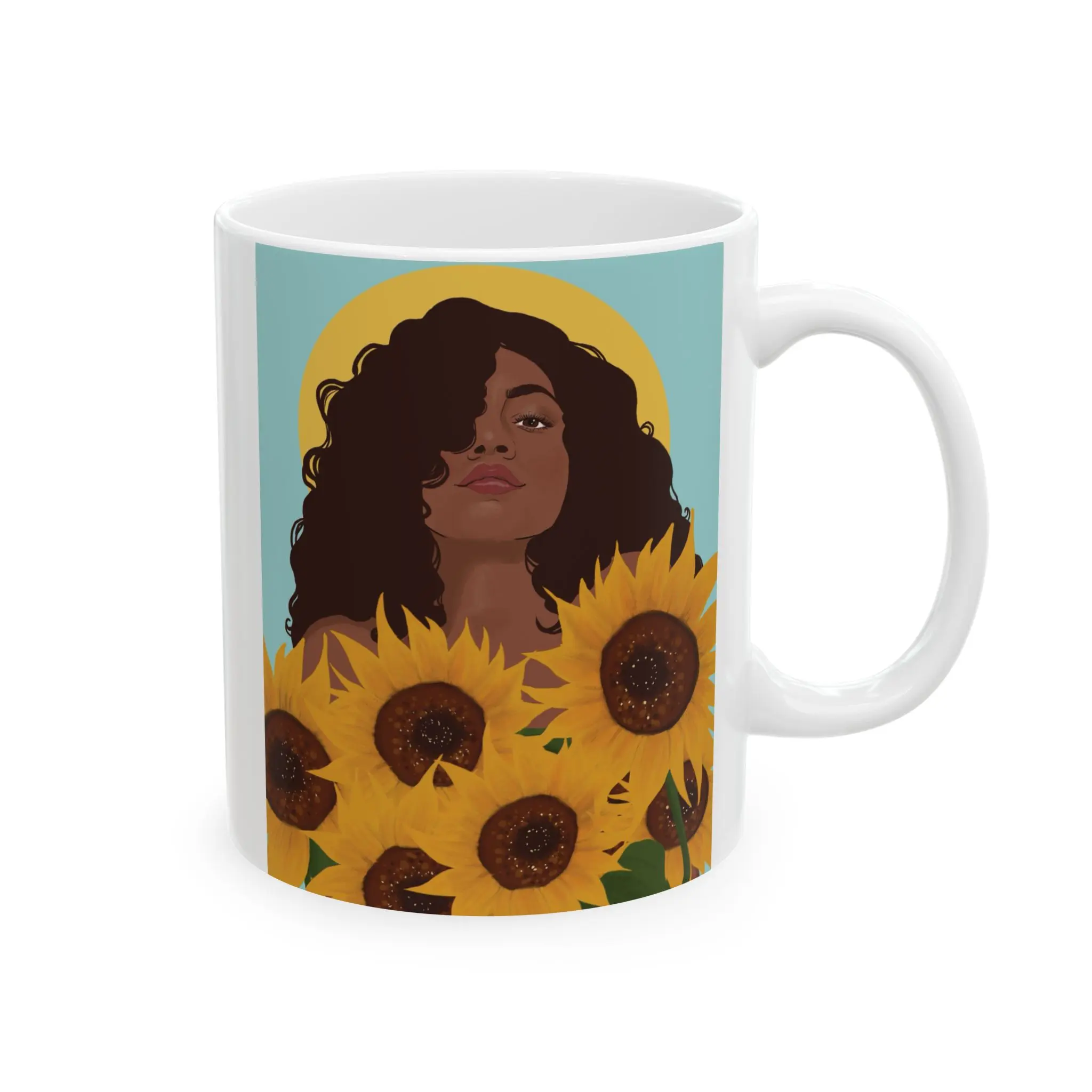 Woman with Sunflowers Ceramic Mug | Floral Portrait Mug