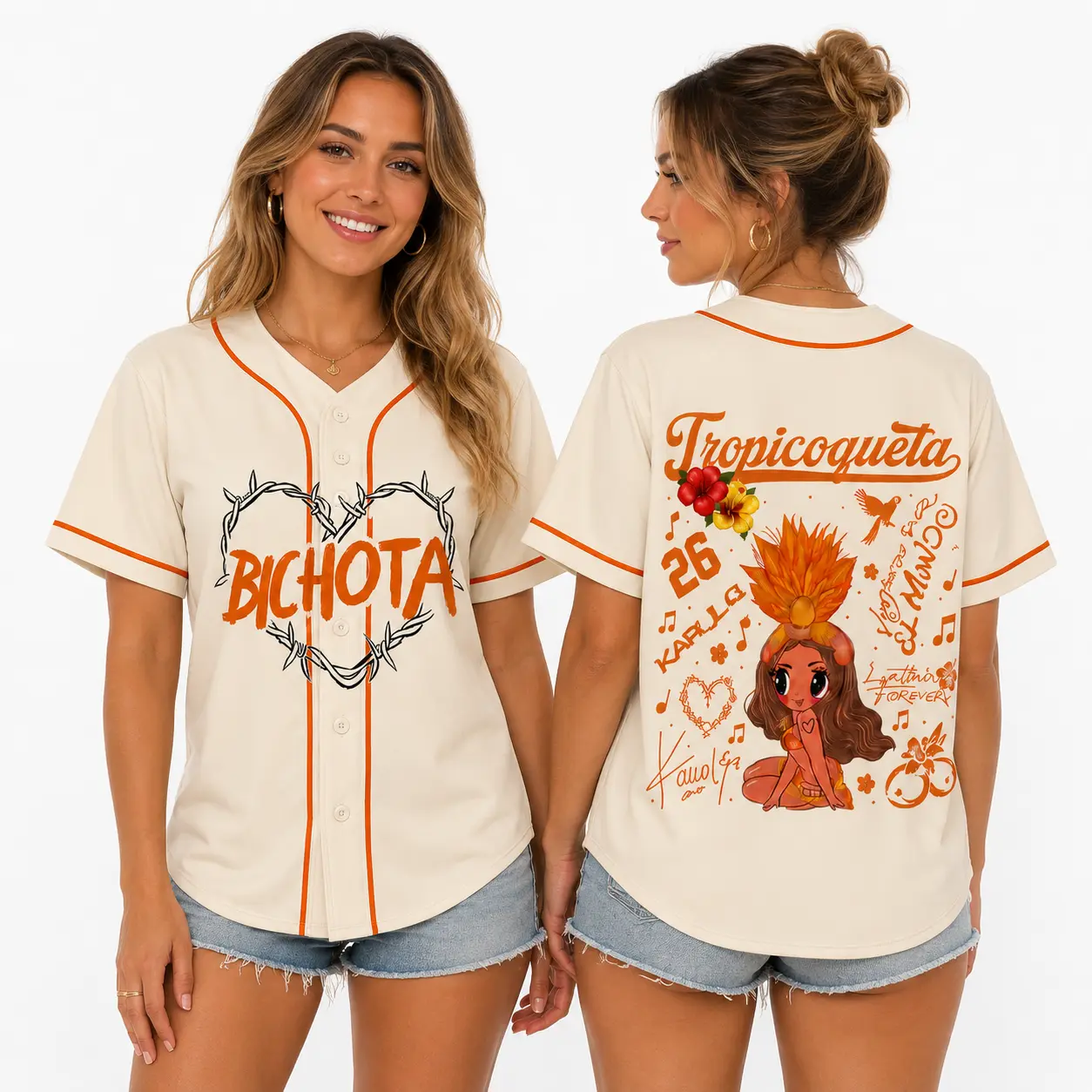 Black and Orange K-Karol Tropicoqueta Girl Doll Baseball Jersey, Viajando Por El Mundo Tropitour 2026 Shirt, Latina Music Dancer La Bichota Short Sleeve Country Music Shirt, Gifts Fan