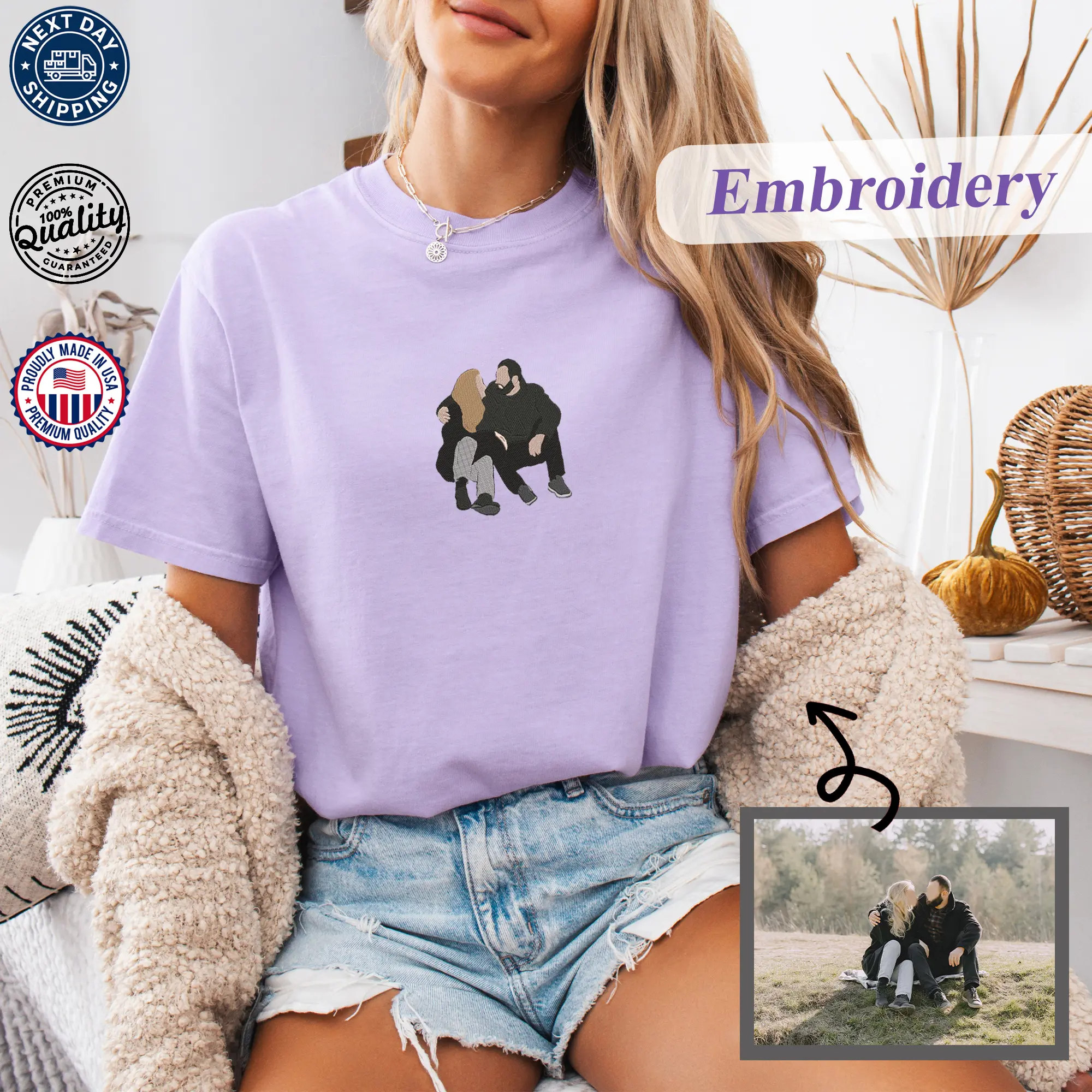 Custom Embroidered Photo Comfort Colors T-Shirt | Personalized Family Portrait Tee | Custom Embroidery Gift | Soft Vintage Washed Cotton | Unique Handmade Keepsake | Unisex Minimalist Top | Custom Text Design