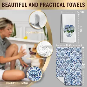 Chinoiserie Hydrangea Floral Kitchen Towels Set of 4, Blue and White Porcelain Decorative Dish Tea Towels for Kitchen, Floral Hand Towels for Bathroom Decor, 16x24 Inches