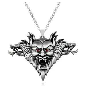 Stainless Steel Red Ruby Eye Furious Lion Head Black Color Dragon Necklaces Pendant for Men Fashion Jewelry