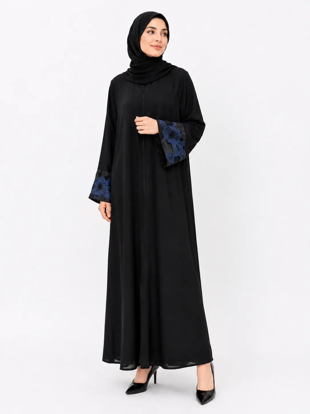 Classic Black Abaya - Blue Floral Cuffs