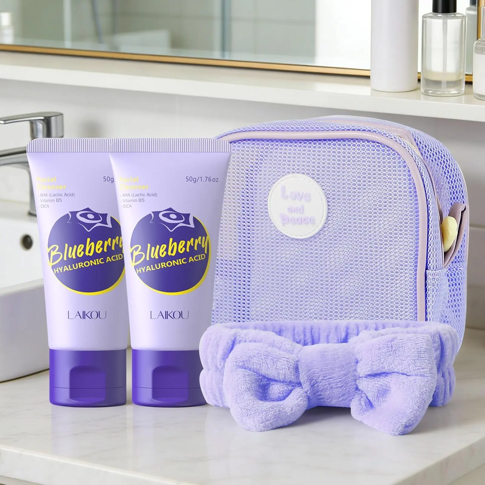 4-in-1 Skincare Set: 2 Bottles of Blueberry Facial Cleanser, Makeup Bag, Headband; Gentle Cleansing, Oil-Control, Moisturizing Face Wash; Hydrating and Moisturizing without Tightness