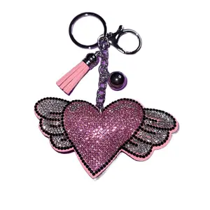Pink Winged Heart Bag Charm or Keychain with Glitter Wings and Tassel for Fashion Accessories