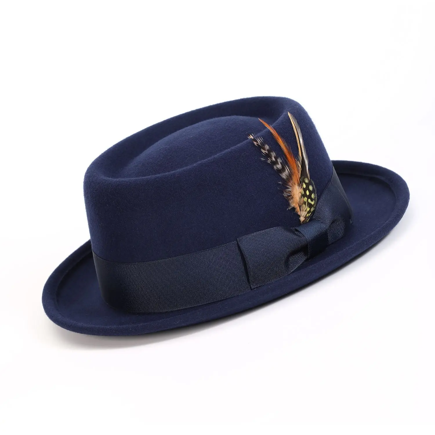 Navy Pork Pie Wool Felt Hat with Feather Accent by Montique