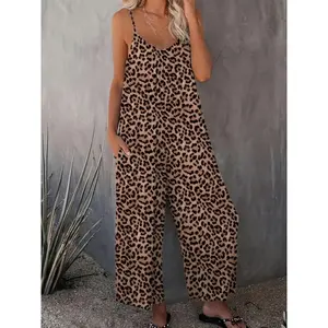 Leopard Print Cami Jumpsuit, Casual Sleeveless Jumpsuit With Pockets For Spring & Summer, Women's Clothing Fabric Spandex Minimalist Short Basic Comfort Womenswear