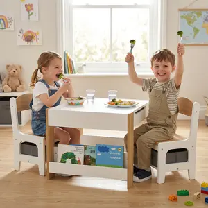 Natural 3-Piece Table and Chair Set, Indoor Children's Furniture Set with Reversible Blackboard Tabletop, Storage, and Bookshelves
