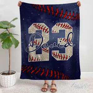 Personalized Baseball Blanket, Custom Name Number Soft Cozy Sherpa Fleece Throw Blankets, Baseball Gift for Dad, Husband