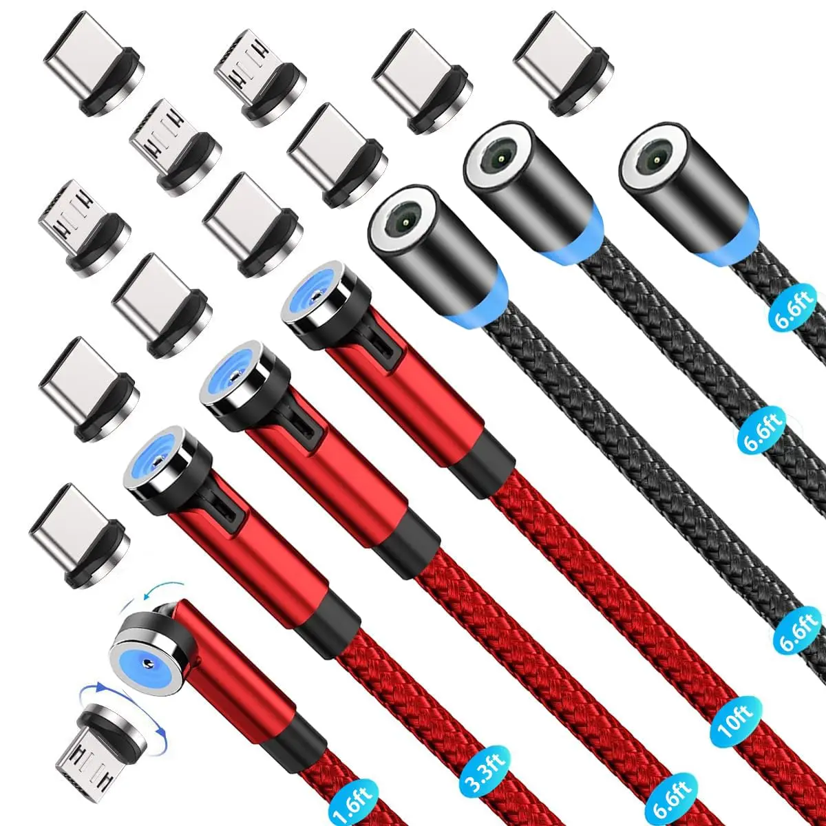 Magnetic Charging Cable（7-Pack, 1.6ft/3.3ft/6.6ft/10ft/6.6ft/6.6ft/6.6ft）LED Light Magnetic USB C Charging Cable, 3 in 1 Magnetic Phone Charger Magnet for Micro USB, Type C, iProduct Devices