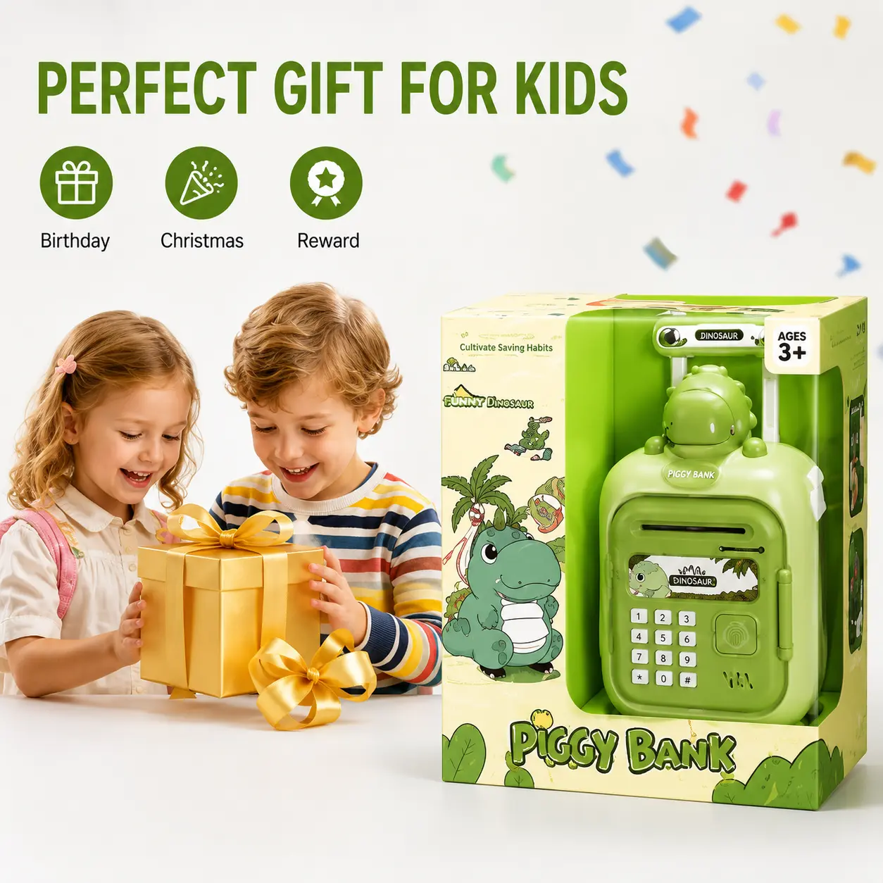 The Perfect Gift for Kids! Dinosaur Trolley Piggy Bank - Teaches Money-Saving Habits - Fun ATM Toy with Music & Security Code