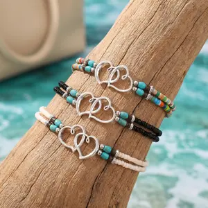 Women's 3-Piece Bohemia Beaded Heart Charm Multi-Layer Anklet Set - Exquisite Boho Chic Double-Layer Design, Ideal for Summer Vacation, Beach Wedding Jewelry Gift