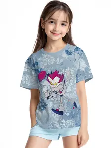Soft and cute girl's double clown digital printed summer fashion girls' clothing, 100% polyester made for energetic children, lovely girls' short-sleeve T-shirts, summer casual children's clothing, outdoor sports T-shirts