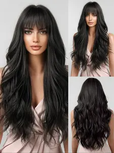 26 Inch Y2K Natural Looking Long Wavy Bangs Wig, Fluffy High Crown Pure Desire Atmosphere, Smooth Anti-Knot, Breathable Inner Net, Loose Wave Deep Wavy Wigs