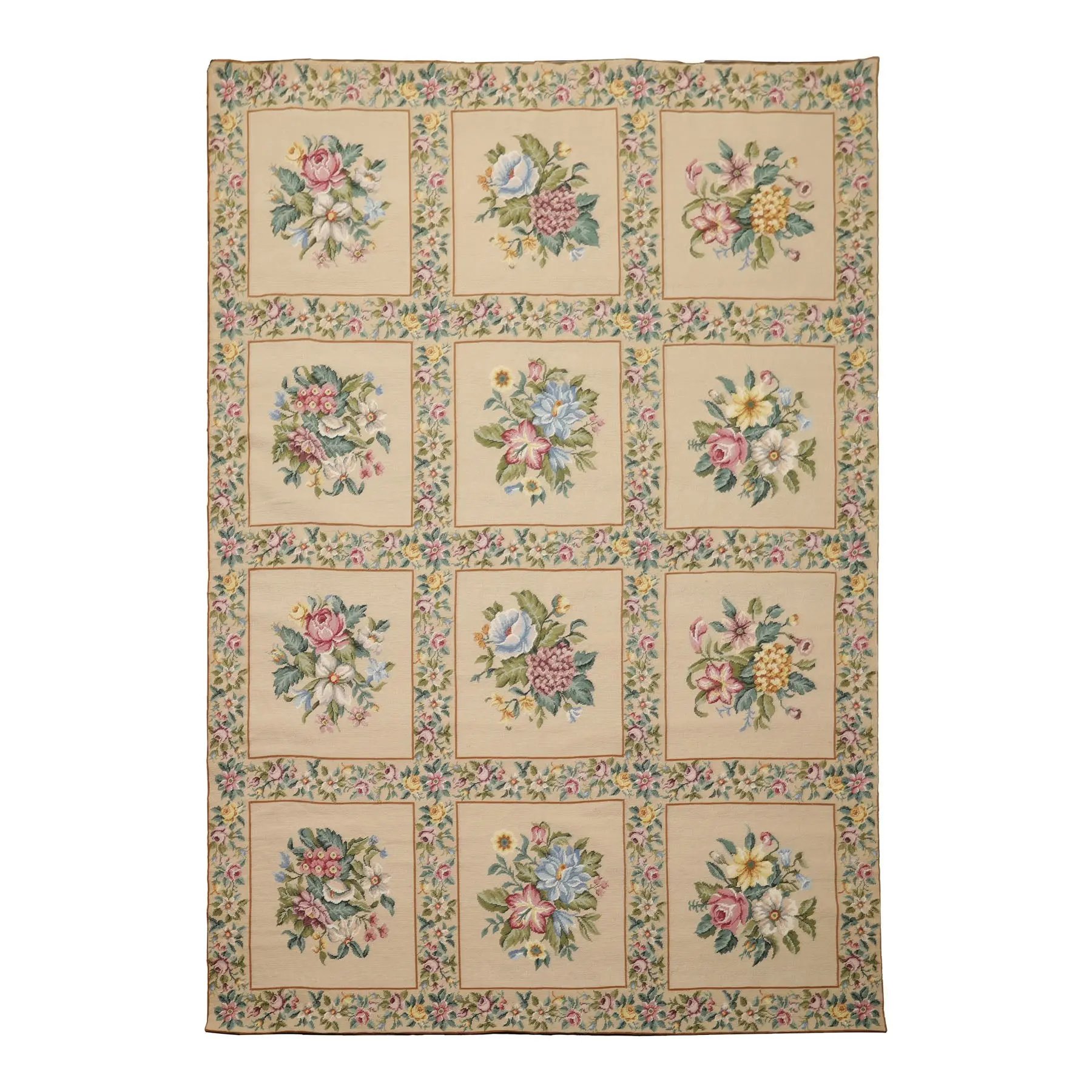 6x9 Hand Woven Wool Khaki French Needlepoint Traditional Rug
