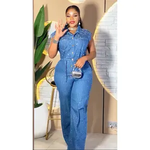 Curvy Denim & Diamonds Sleeveless Wide Leg Jumpsuit, Rhinestone Embellished Stretch Jeans Outfit: Birthday Party Photoshoot