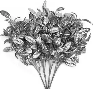 Artificial Silver Leaves Christmas Plants 4 Pack, Leaf Bouquet Faux Gold Plant Fake Shrubs Simulation Bushes for Wedding Hall Table Centerpieces Floral Arrangement Filler DIY Décor