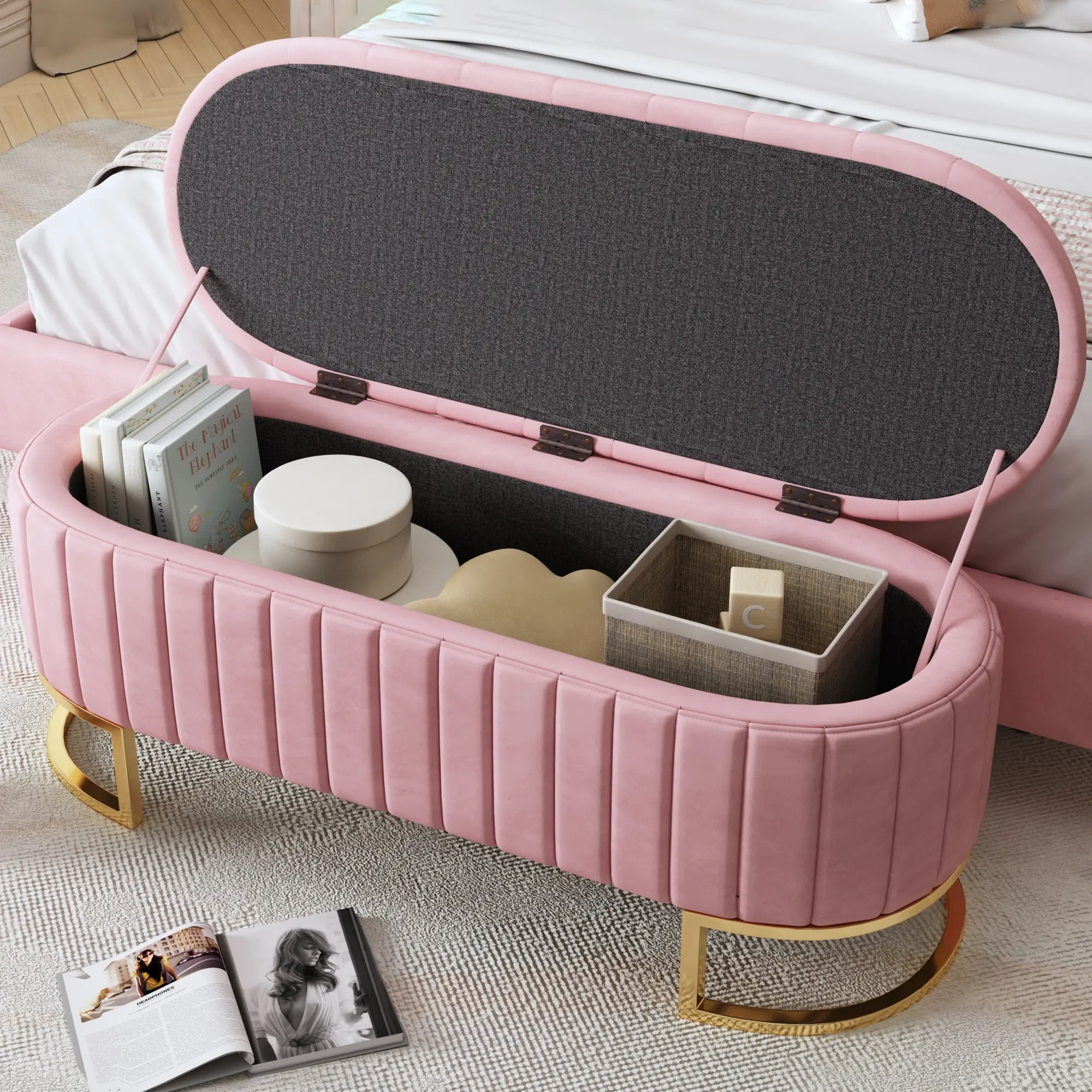 Bellemave Elegant Velvet Upholstered Storage Ottoman Footrest Stool - Button-Tufted, Metal Legs, Fully Assembled, Grey - for Bedroom, Living Room, Foot Rest Stool, Velvet Fabric