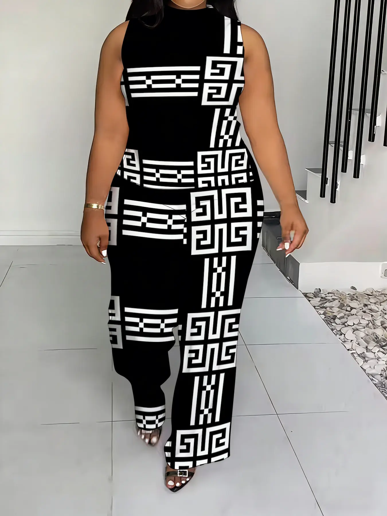 Women's Plus Size Geometric Print 2 Piece Set High Neck Sleeveless Top & Wide Leg Pants Elegant Casual Matching Outfit