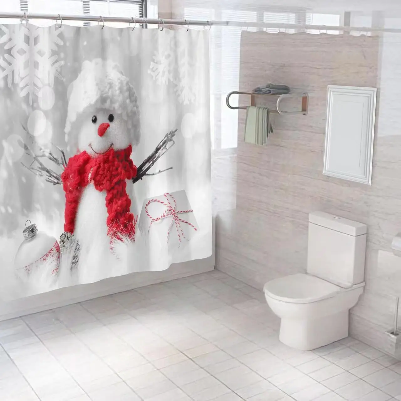 Creative Snowman Print Christmas Shower Curtain Set - 100% Polyester Waterproof Antibacterial Fab, Plastic 12 Rings, Copper Eyelets, Machine Washable Easy Care, Floor Mat Included, Shower Curtain Art for Bright Festive Look, Dorm Bathtub Decor Gift