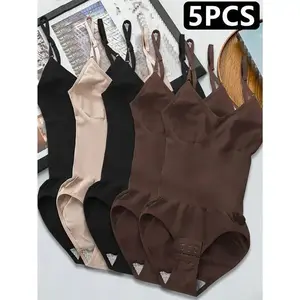 5pcs Women's Seamless Shapewear Bodysuit with Abdominal Compression & Hip Lifting - Tummy Control, No Padding, Stretchy Nylon-Spandex Blend, Black/Brown/White/Beige/Navy Blue, Perfect for Travel & Casual Attire, Comfort Undergarment |         Closefitting