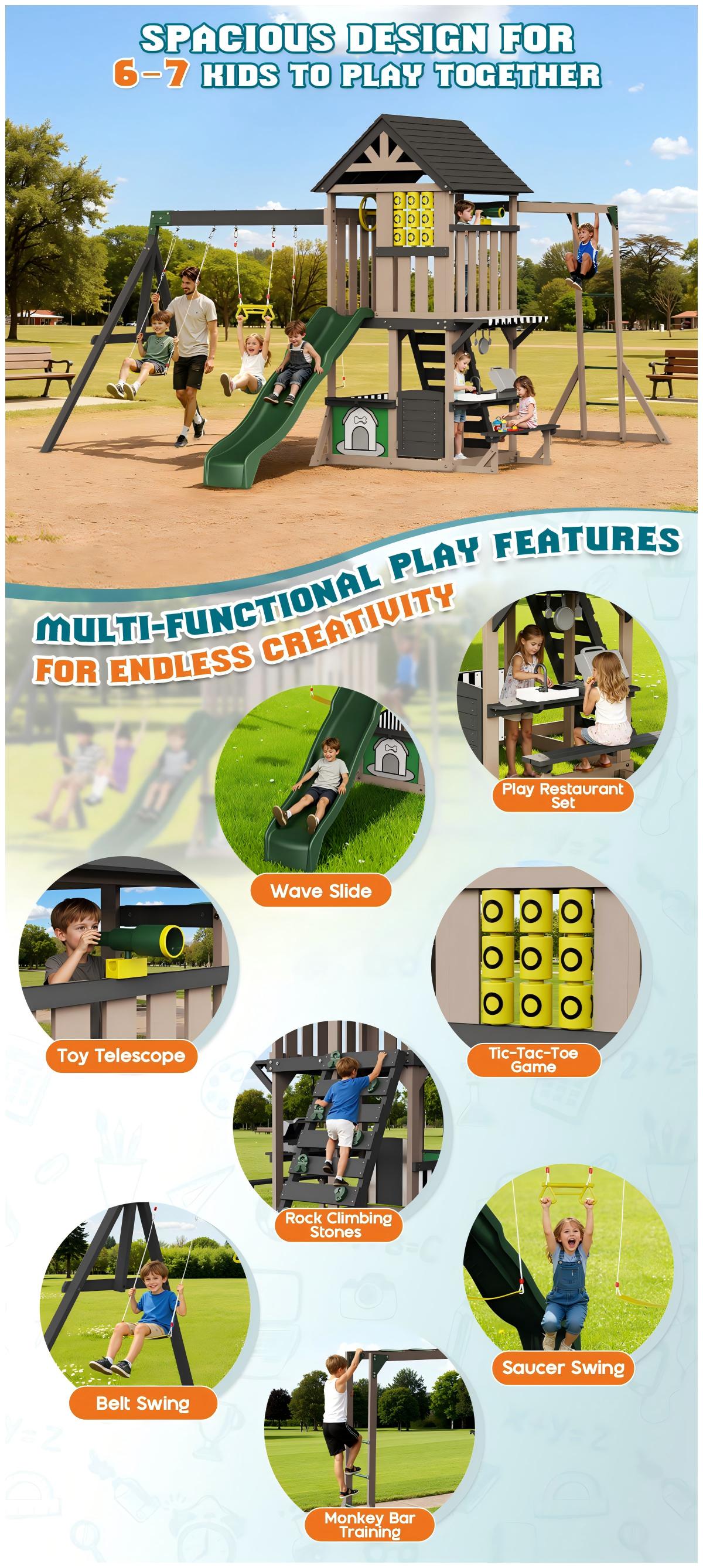 ALBOTT 3 Different Size Wooden Swing Set for Kids, Large Outdoor Wood Playhouse with Double Towers, Wave Slides, Swings, Climbing Wall & Ladder, Backyard Playground for Ages 3–8