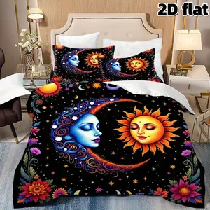 2D Flat 3Pcs Sun Moon Face Celestial Bedding Colorful Cosmic Galaxy Stars Duvet Cover Boho Bed Set Bohemian Mystical Microfiber Bedding (1 Duvet Cover+2 Pillowcases, Unfilled) - Suitable for Bedroom and Dormitory Room Home Decoration, Gift