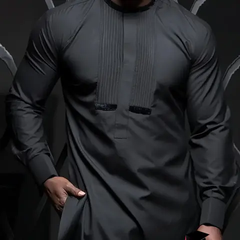 2 Pieces Men's Polyester Button Front Split Hem Shirt & Drawstring Pants Set, Casual Fitted Long Sleeve Crewneck Top & Elastic Waist Trousers, Casual Wear Clothing, Clothing Sets, Men Two-piece Outfits for All Seasons, Vintage Clothing