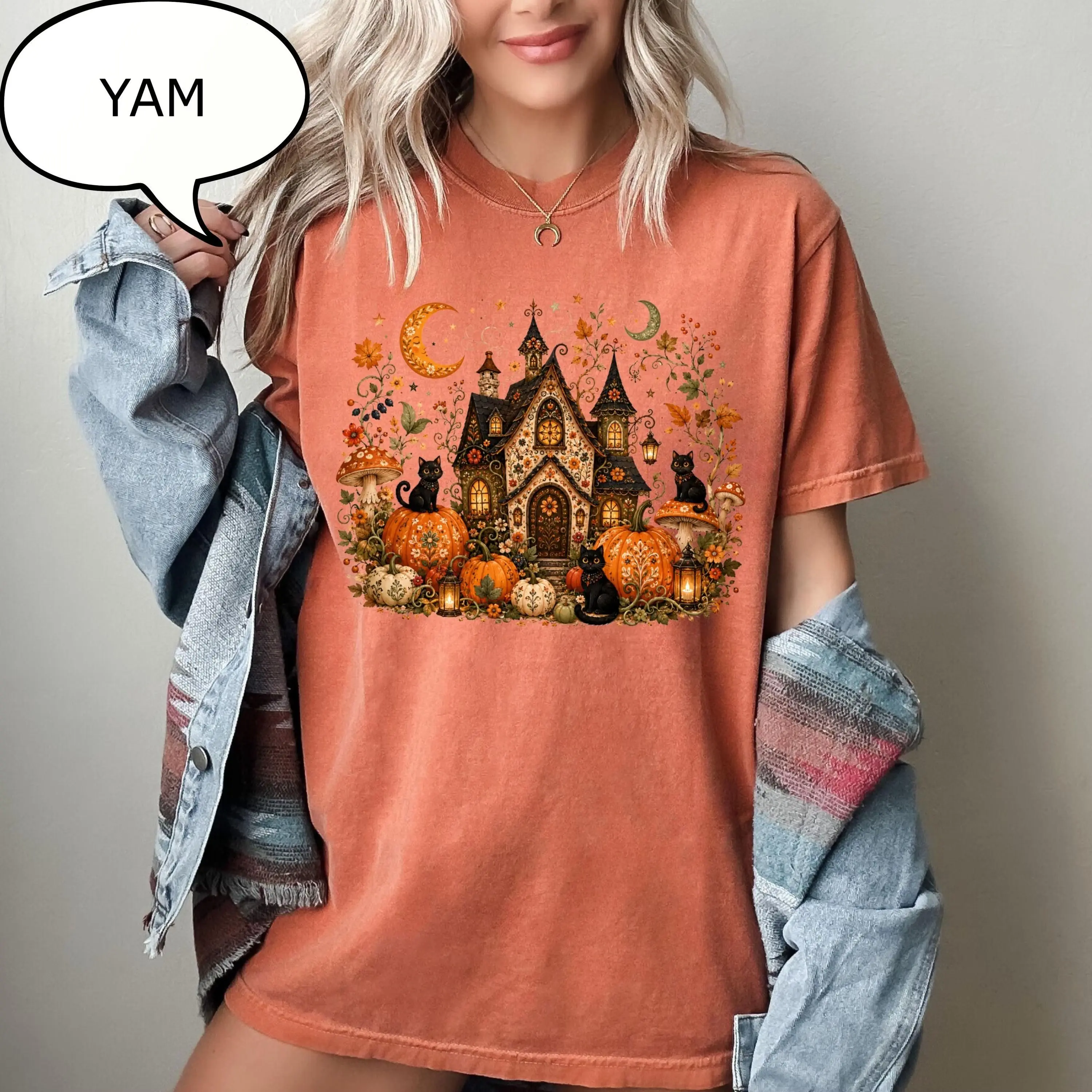 Comfort Colors Haunted Cottage T-Shirt , Whimsical Witch House With Black Cats Pumpkins Mushrooms And Crescent Moons Graphic Tee , Cottagecore Halloween Shirt , Spooky Fall Outfit , Gift For Women