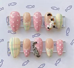 jasonj.nail Pastel Cat Press-On Nails, 3D Kitty Detail with Soft Plaid and Polka Mix, Glossy Finish, Sweet Kawaii Aesthetic Nail Art, Custom Handmade Set