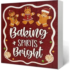 Christmas Gingerbread Man Red Decorative Wooden Box Sign, Xmas Baking Spirits Bright Square Wood Home Decor, Winter Holiday Farmhouse Rustic Tiered Tray Shelf Table Desk Decoration 5 x 5 Inches