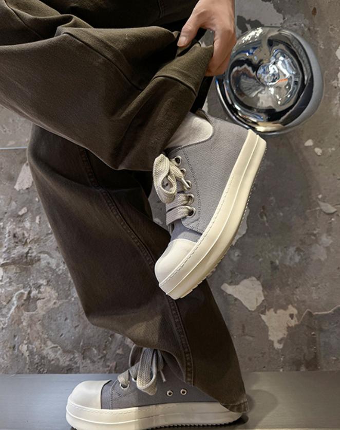 Men's Cleanfit Platform Sneakers Black & White Canvas Wide Laces Slim Leg Street Fashion