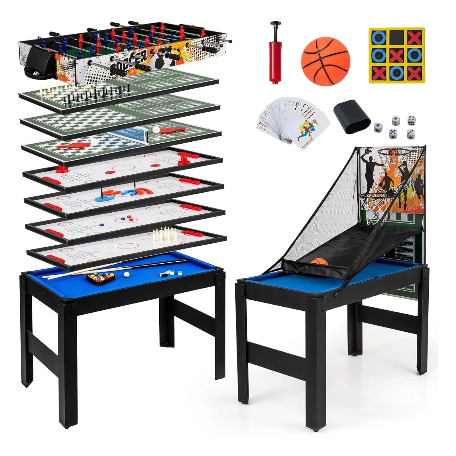 COSTWAY 14 in 1 Multi Game Table, Combo Game Table w/Basketball, Billiards, Foosball, Ping Pong, Hockey, Shuffleboard, Bowling, Chess, Checkers, Backgammon, Tic Tac Toe for Game Room, Family Night Gift Season BlackFriday Friends Giving