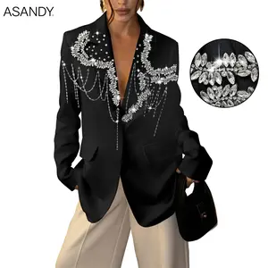 Oversized Black Rhinestone Blazer for Women - Hand-Applied Marquise Crystals & Long Chain Fringe | ASANDY High Fashion Party Jacket