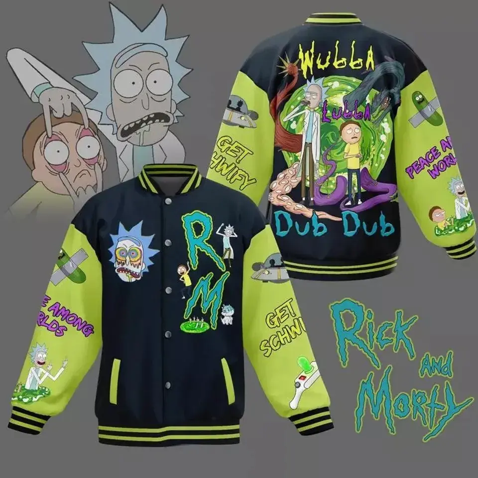 Rick And Morty Portal Gun Cartoon Graphic Varsity Jacket, Rick And Morty Portal Print Baseball Jacket Casual Sporty Sci Fi Outerwear Coat For Men Women Fall Winter Spring Daily Fashion Oversized Button Down Outerwear