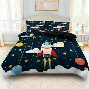 3PCS Duvet Cover Set, 1 Duvet+2 Pillowcases(Without filler), Rocket Space Stars Planets Clouds theme, Christmas bedding set, Space Adventure Suitable for decoration bedroom, guest room, dorm, apartment.