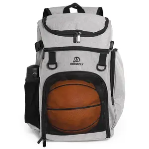 Dremzly gray volleyball, basketball and soccer backpack with ball compartment and laptop compartment.